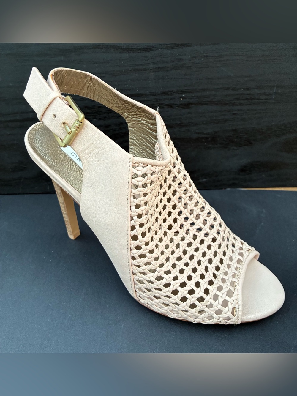 Cynthia Vincent Nude Woven Peep-Toe Slingback Heel